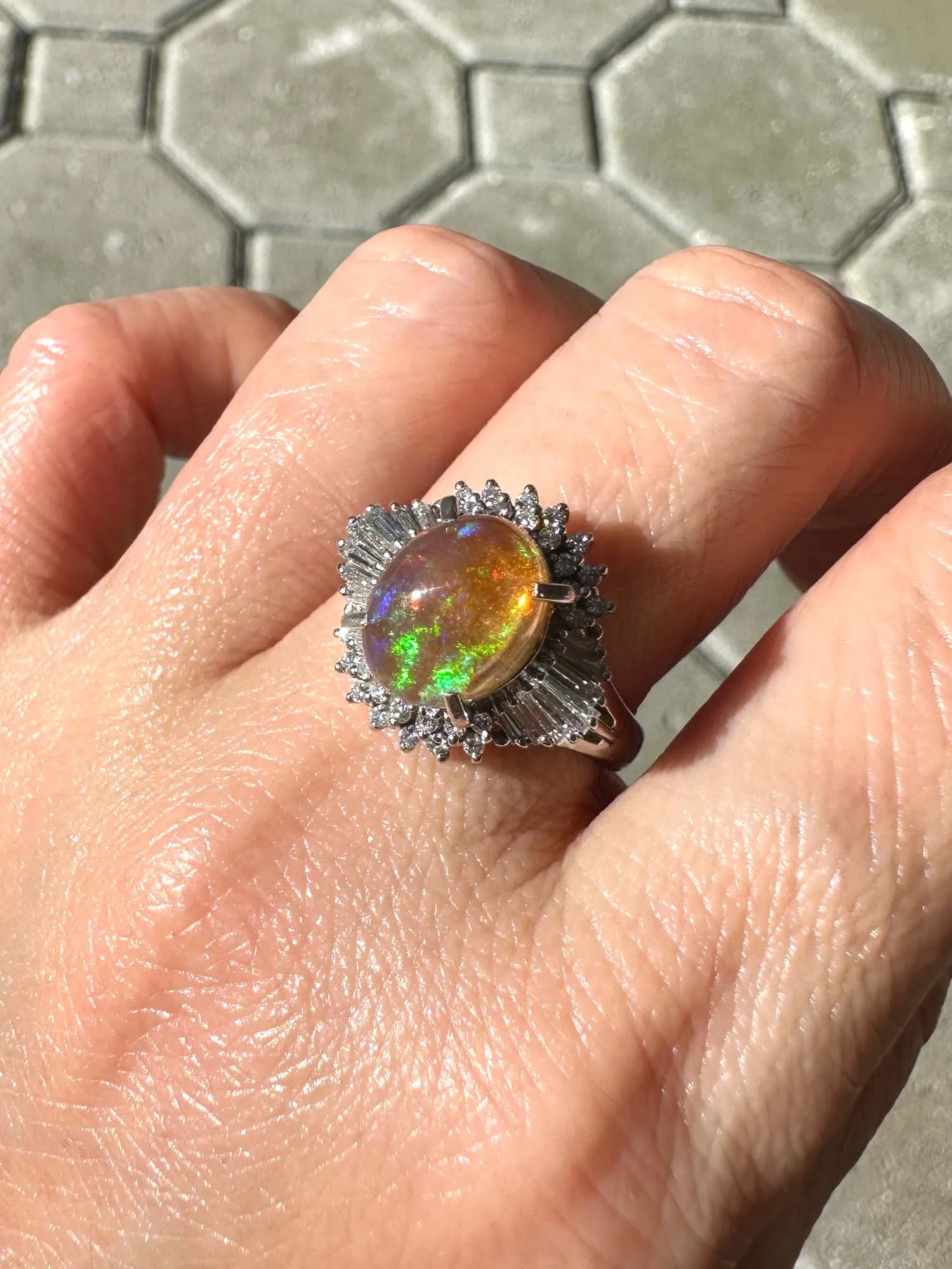 1.84ct Rainbow Fire Mexican Jelly Opal with Diamond Halo Engagement Ring Platinum R6732