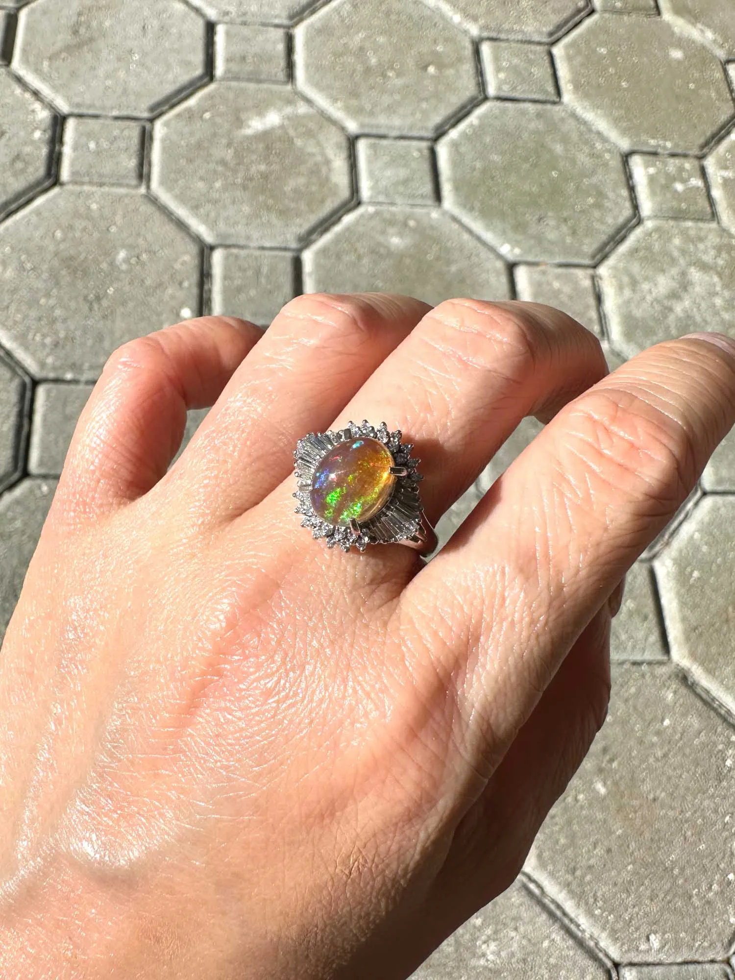 1.84ct Rainbow Fire Mexican Jelly Opal with Diamond Halo Engagement Ring Platinum R6732