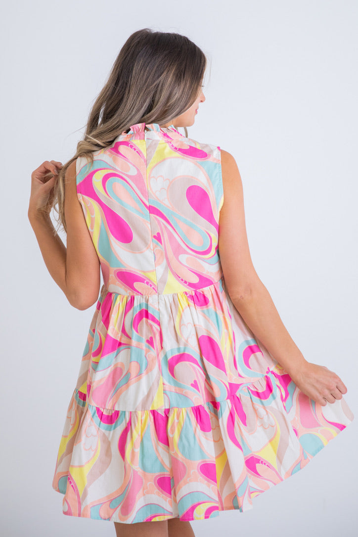 Abstract Puff Sleeve Dress