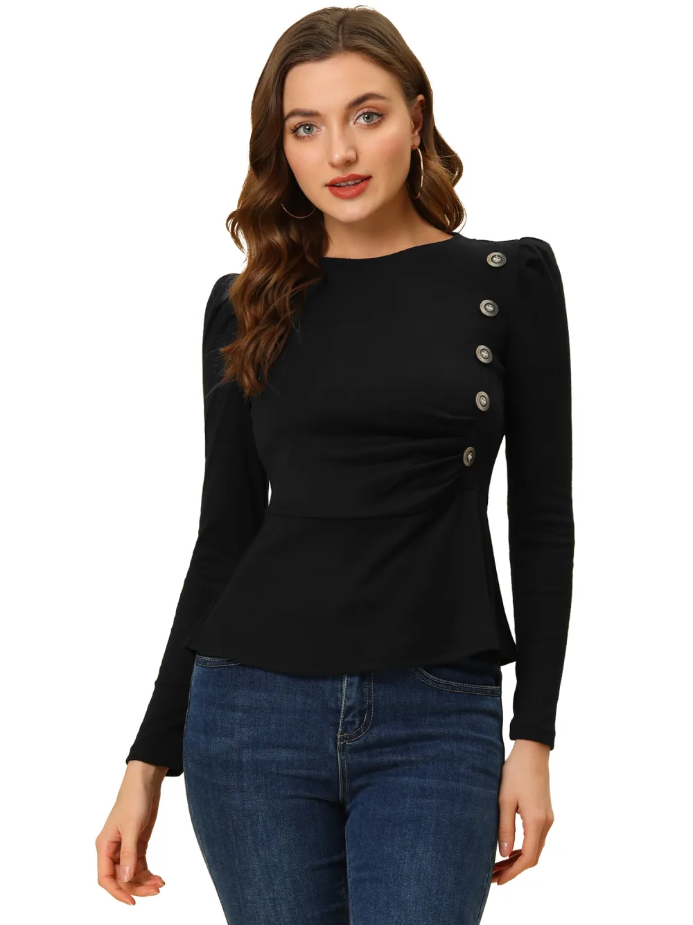 Allegra K- Puff Long Sleeve Button Decor Peplum Pullover Top