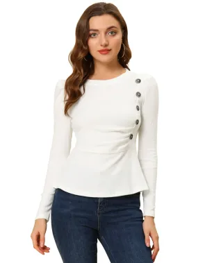 Allegra K- Puff Long Sleeve Button Decor Peplum Pullover Top