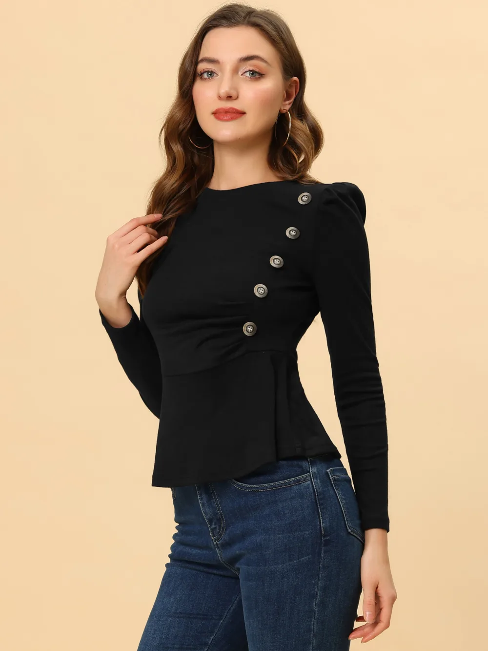 Allegra K- Puff Long Sleeve Button Decor Peplum Pullover Top