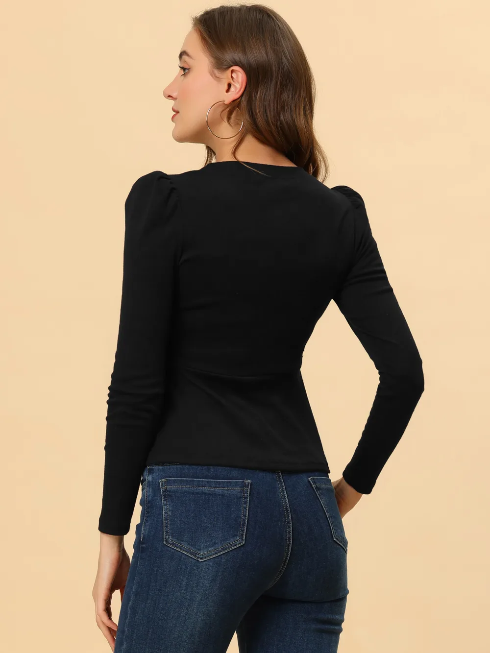 Allegra K- Puff Long Sleeve Button Decor Peplum Pullover Top