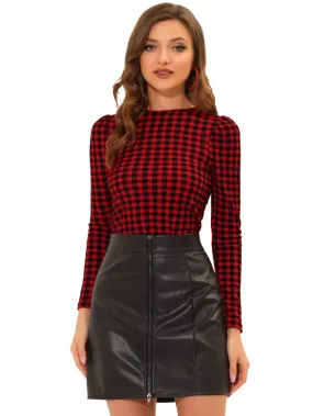 Allegra K- Puff Sleeve Knit Plaid Pullover Top