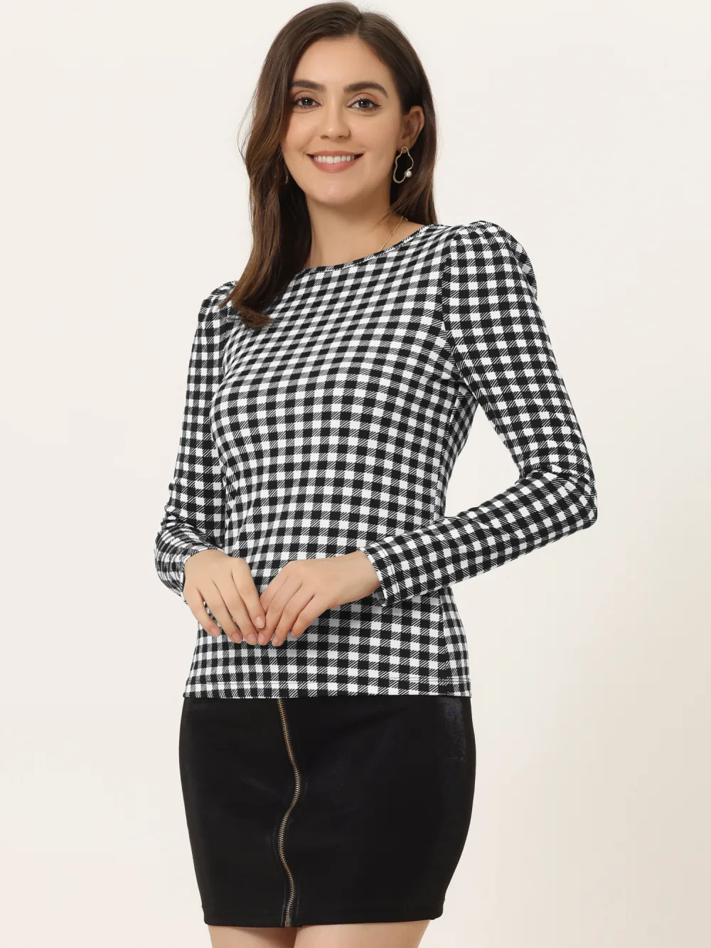 Allegra K- Puff Sleeve Knit Plaid Pullover Top