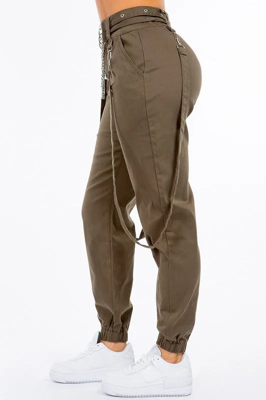 AMERICAN BAZI High Waist Skinny Jogger Pants with Suspenders