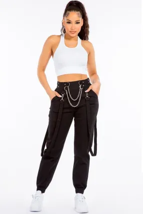 AMERICAN BAZI High Waist Skinny Jogger Pants with Suspenders