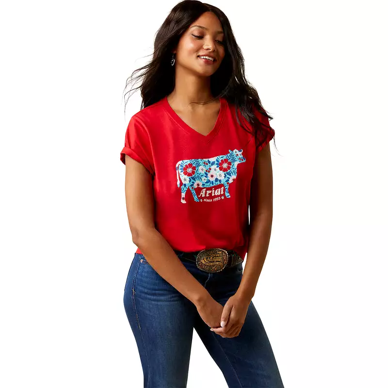 'Ariat' Women's Flower Cow T-Shirt - Equestrian Red