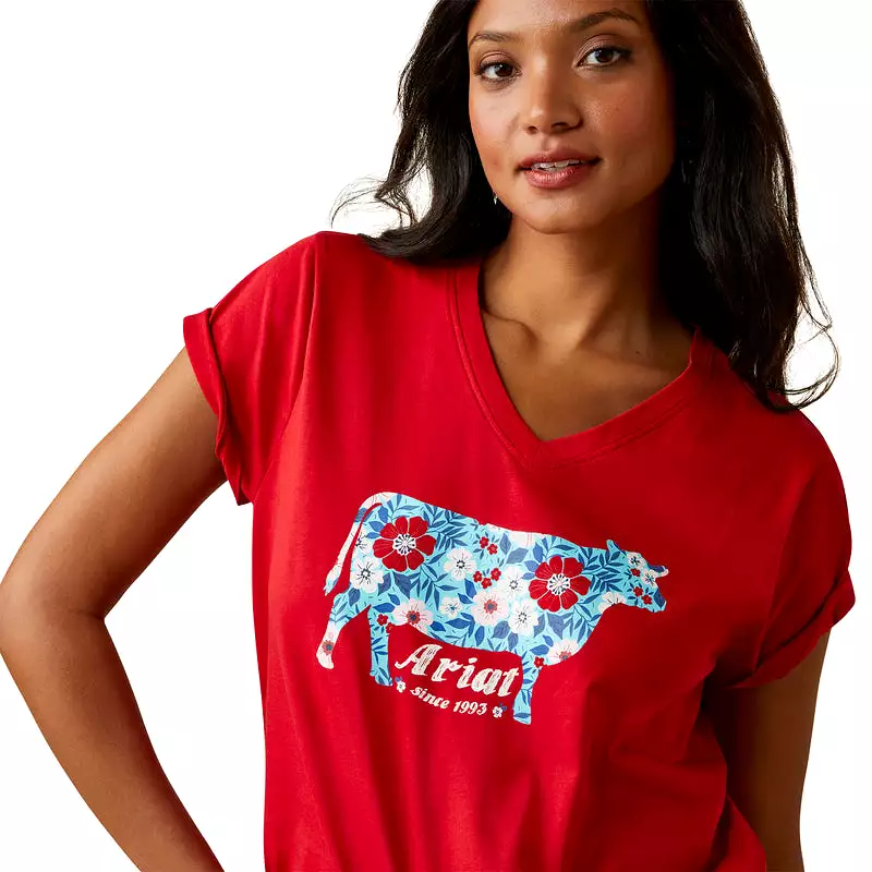 'Ariat' Women's Flower Cow T-Shirt - Equestrian Red