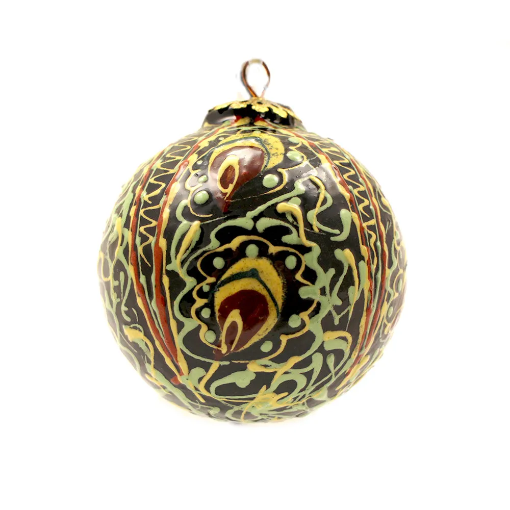 Black Background Yellow, Green, and Red Paisley Small Round Ceramic Ornament