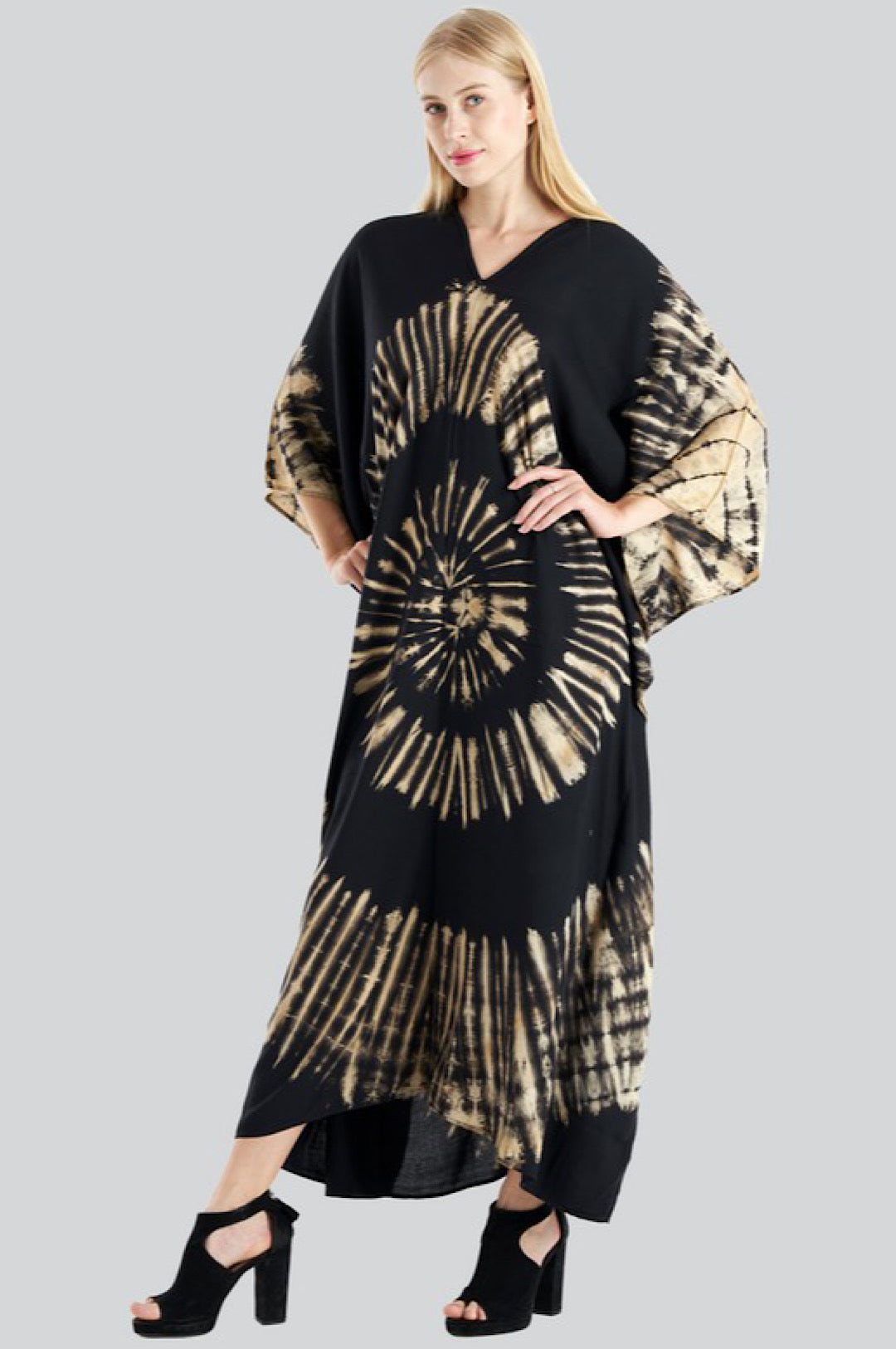 Black Beige Tie Dye Kaftan Dress