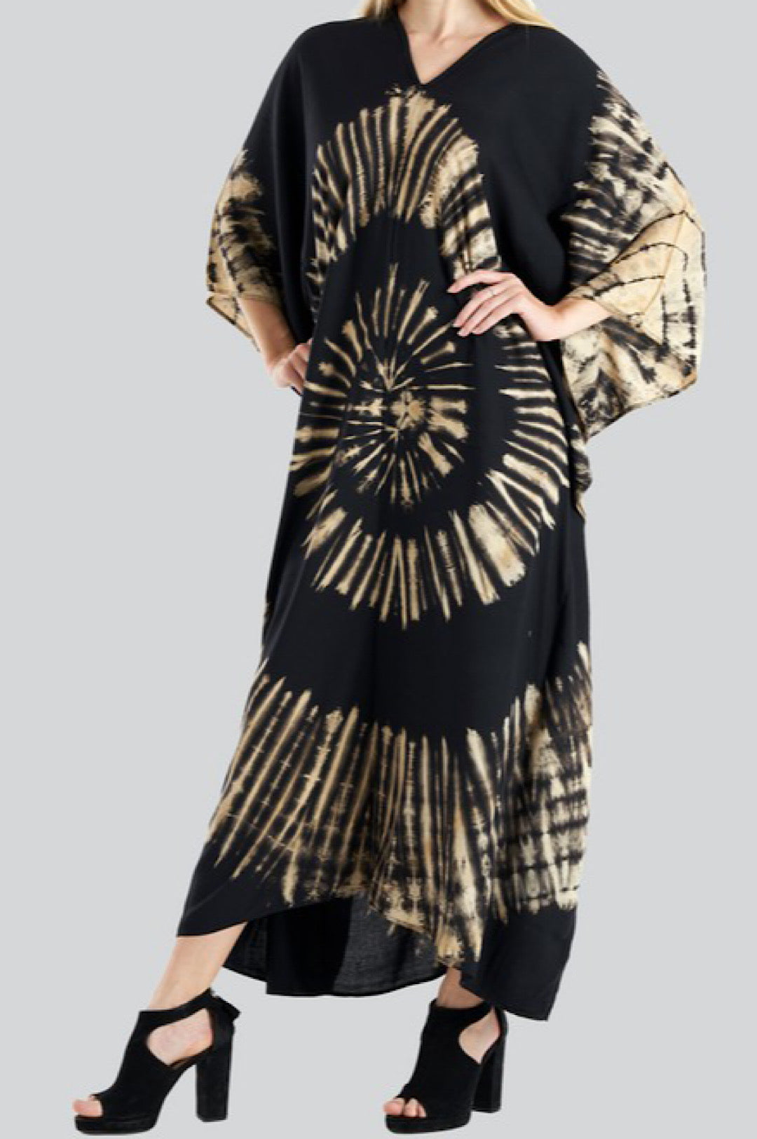 Black Beige Tie Dye Kaftan Dress