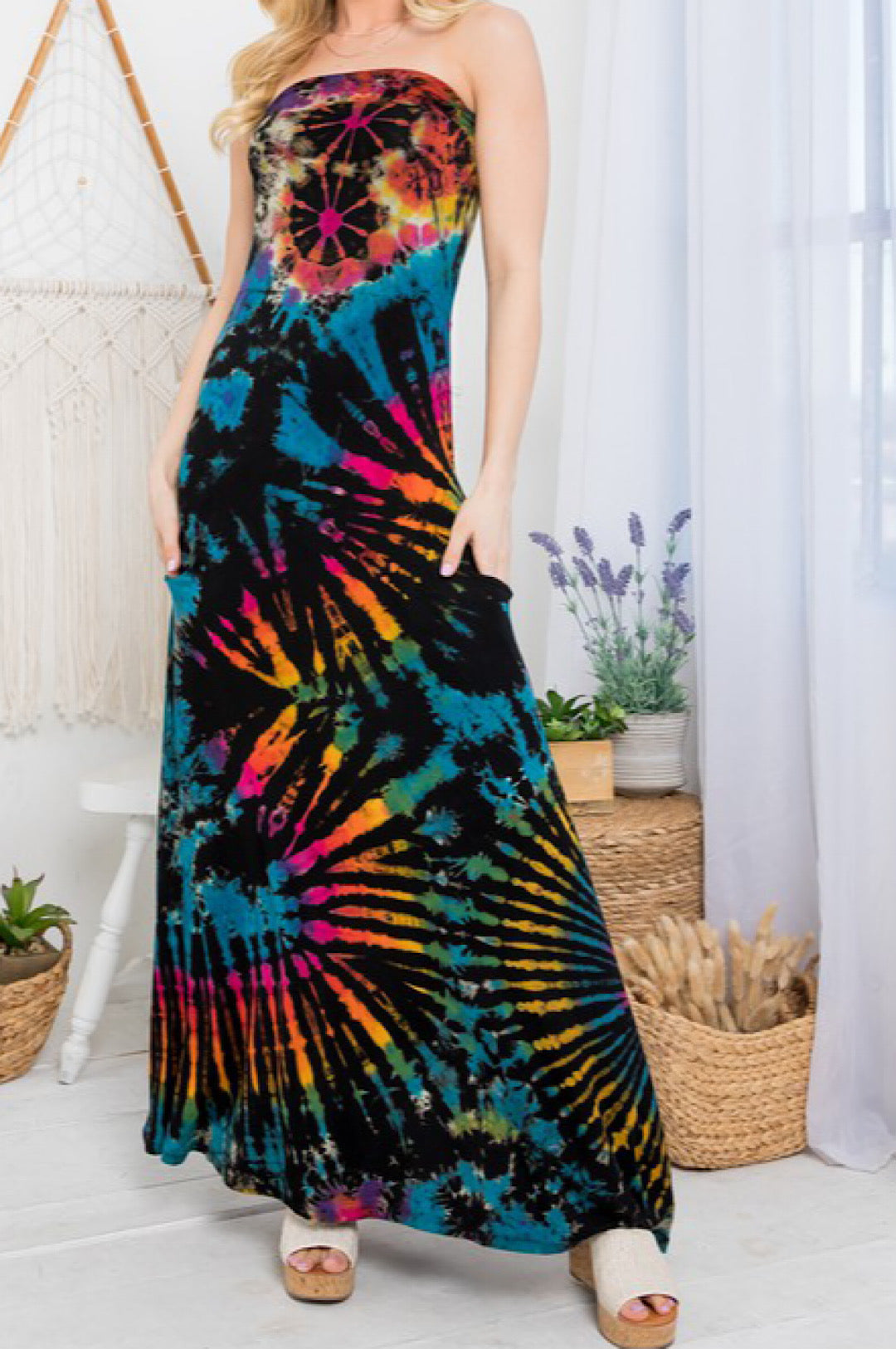 Black Rainbow Tie Dye Strapless Maxi Dress