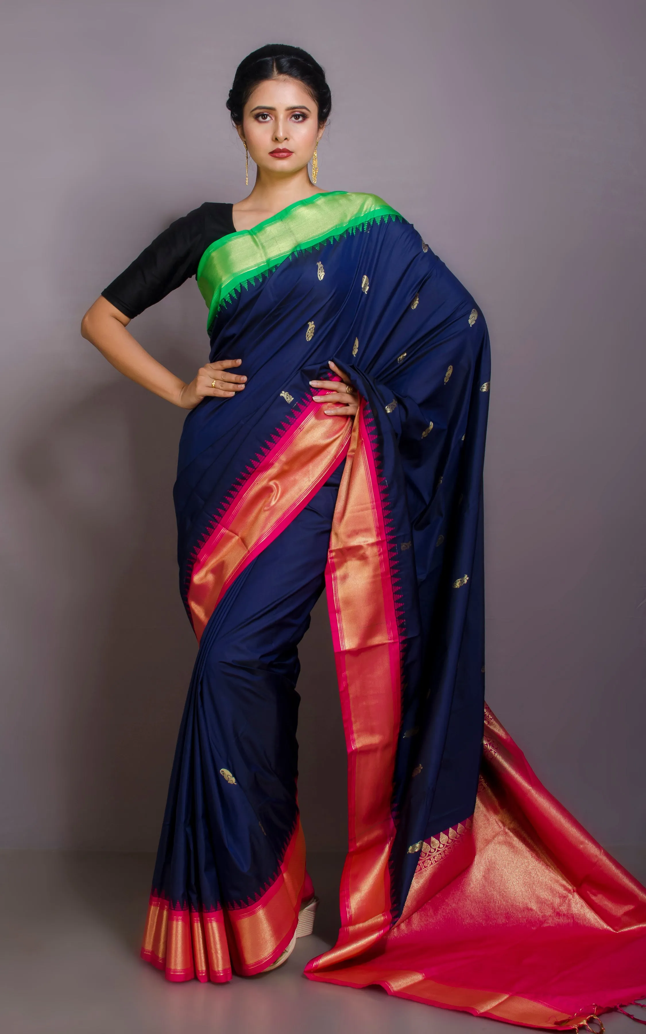 Blended Gadwal Silk Saree in Midnight Blue, Spring Green and Hot Pink