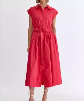 Button Down Cap Sleeve Midi Dress - Red