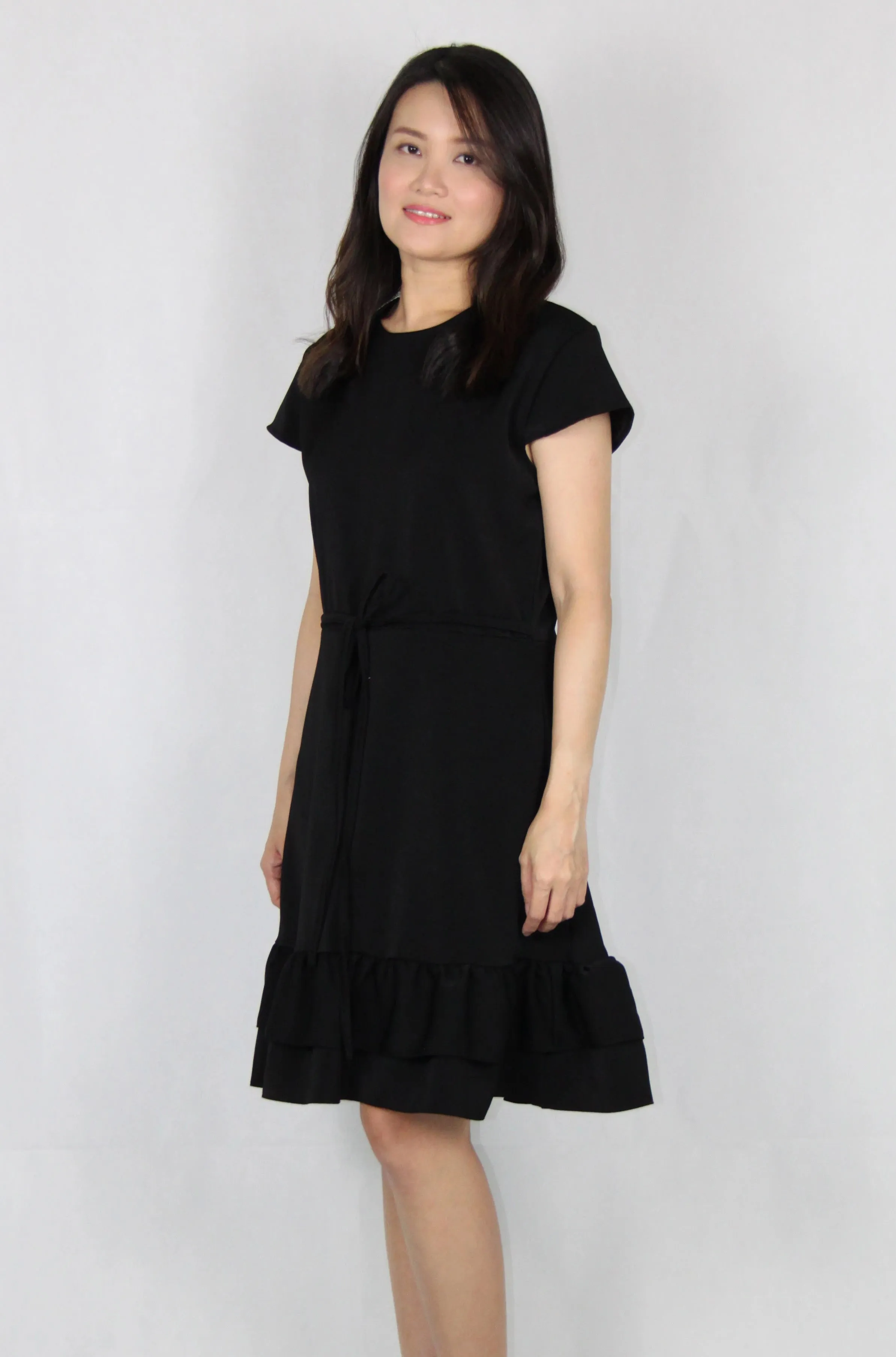 Cap Sleeves Double Layer Front Tie Dress in Black