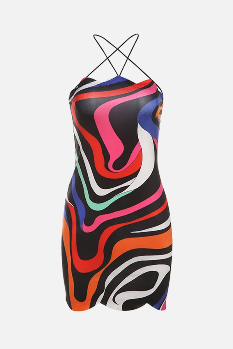 Colorful Print Backless Mini Bodycon Dress