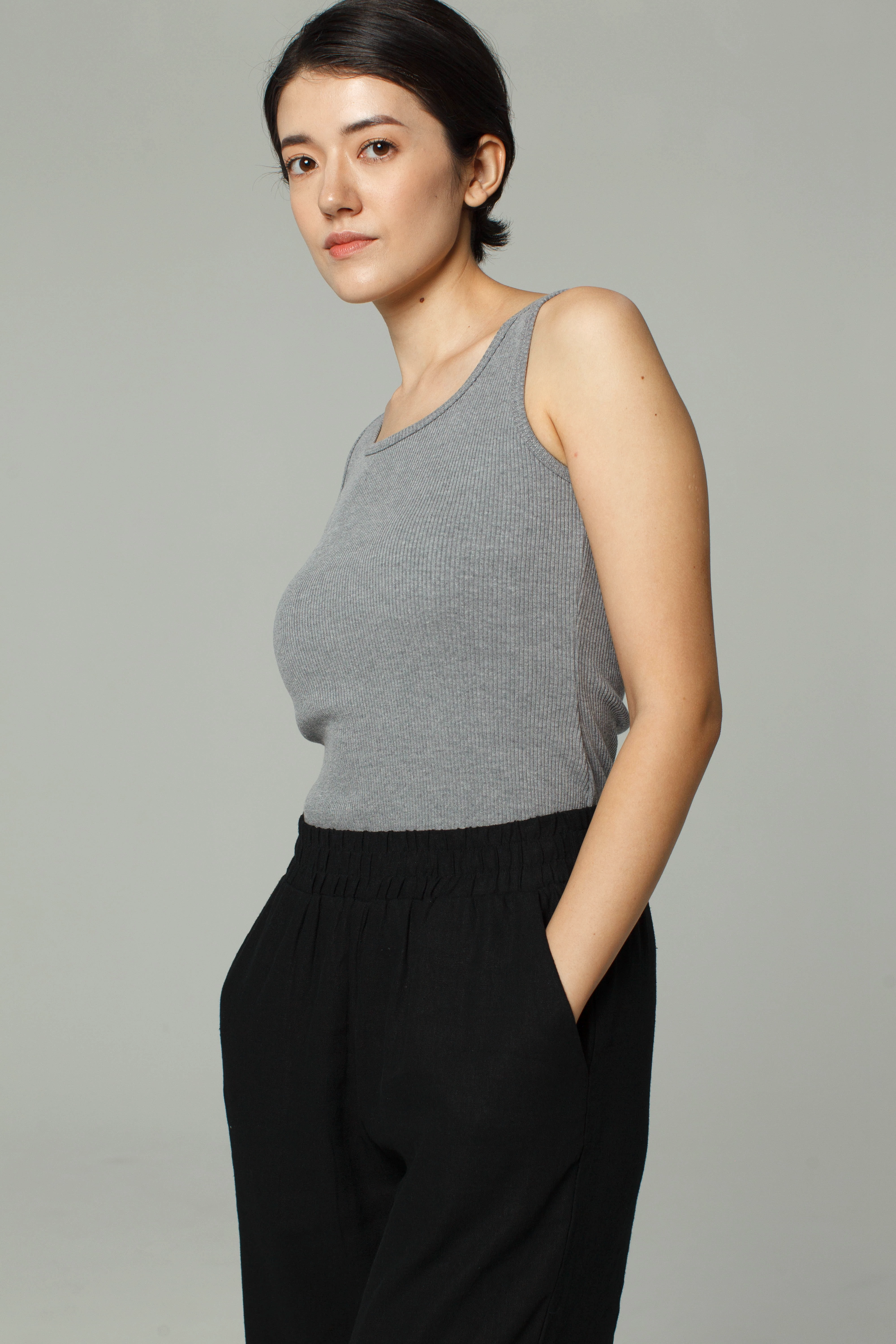 Fitted Ribbed Tank | Grey Marle