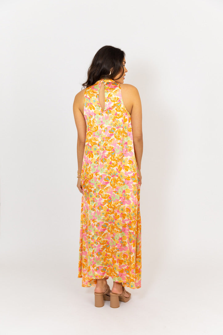 Floral Satin Halter Maxi Dress