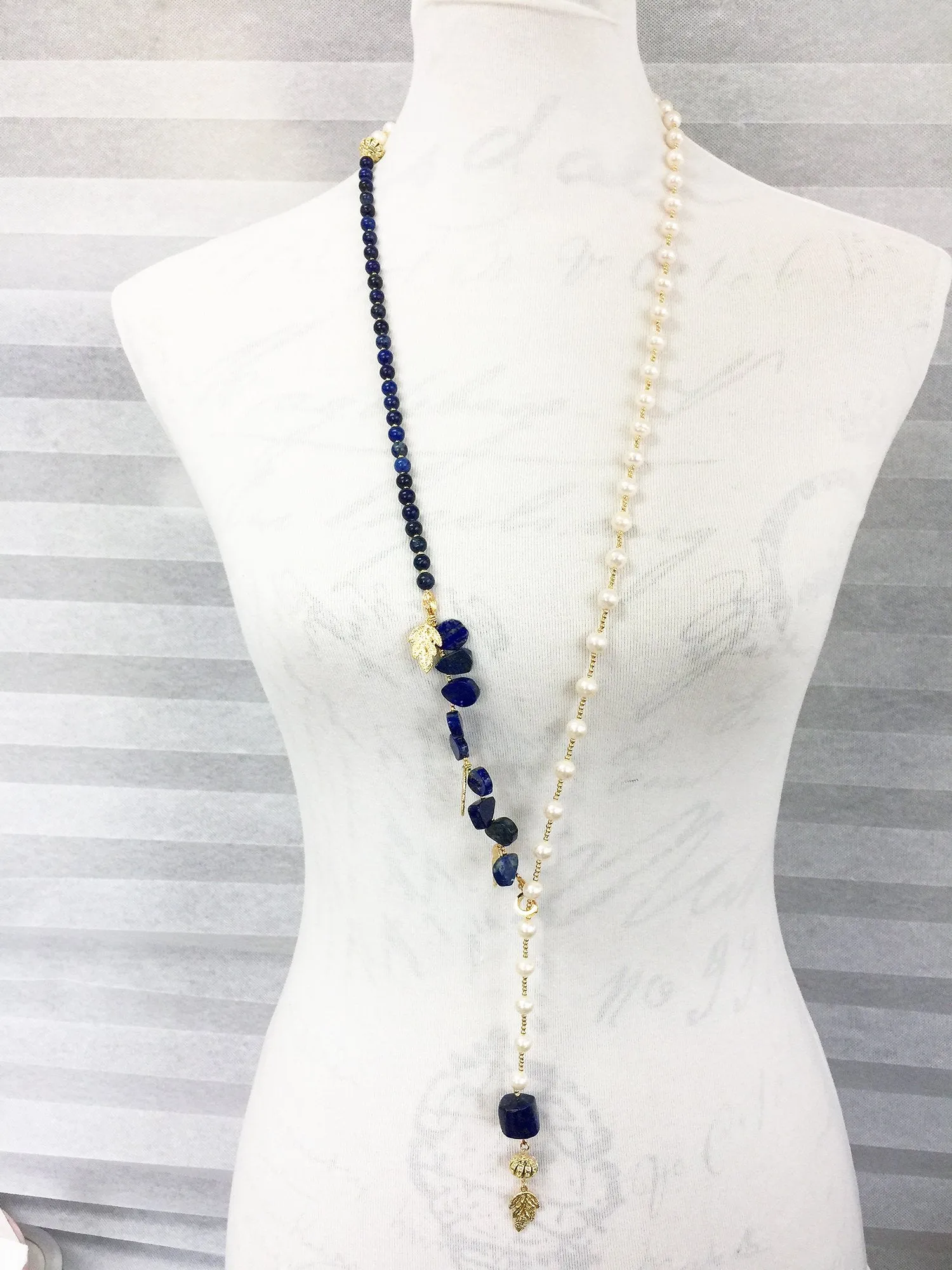 Freshwater Pearls With Lapis Y-Shaped Necklace MN037