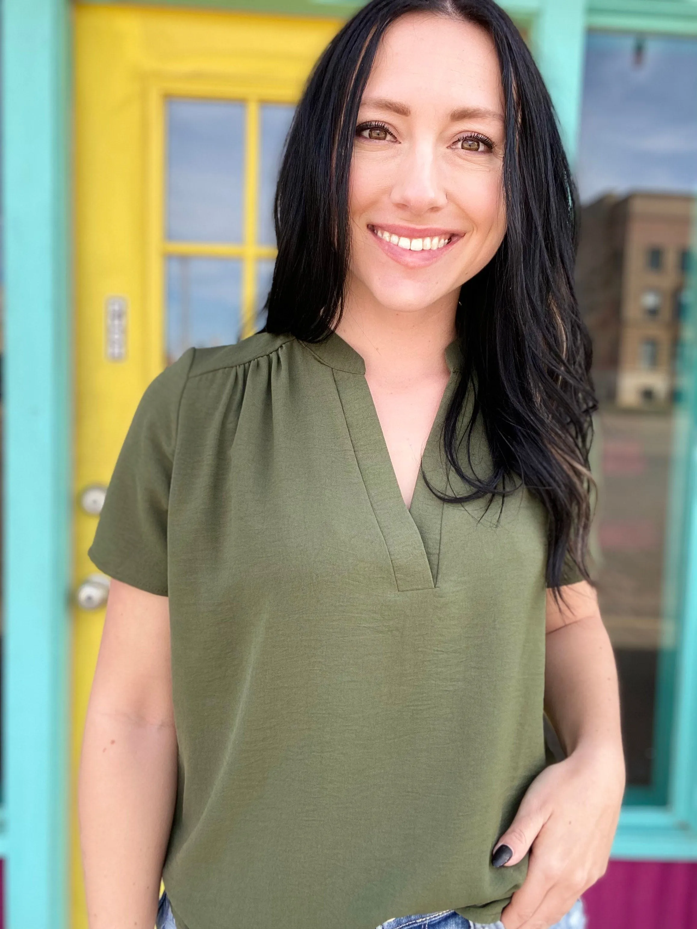 Gabby V-neck Top-Olive