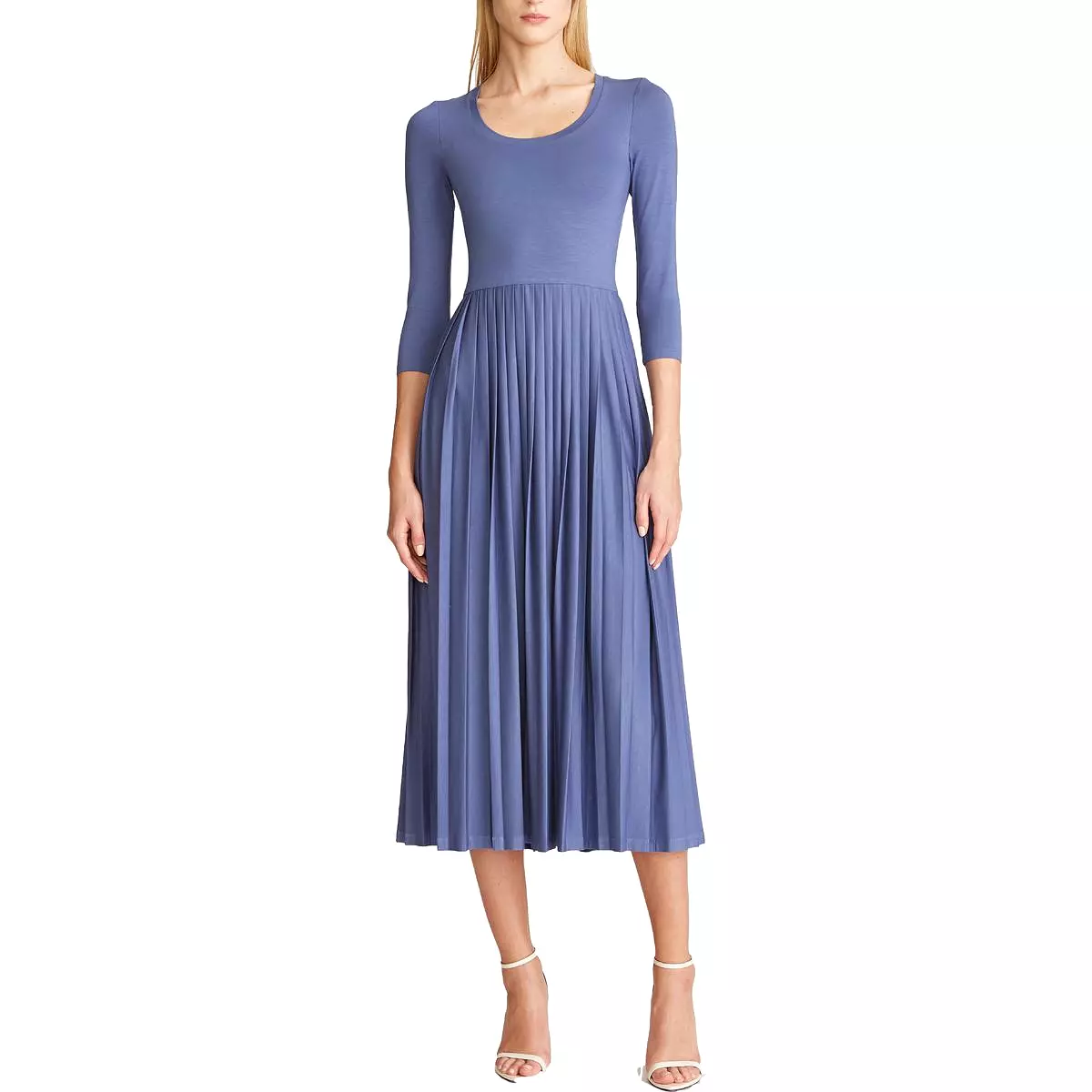 Halston Womens Amy Pleated Long Sleeves T-Shirt Dress