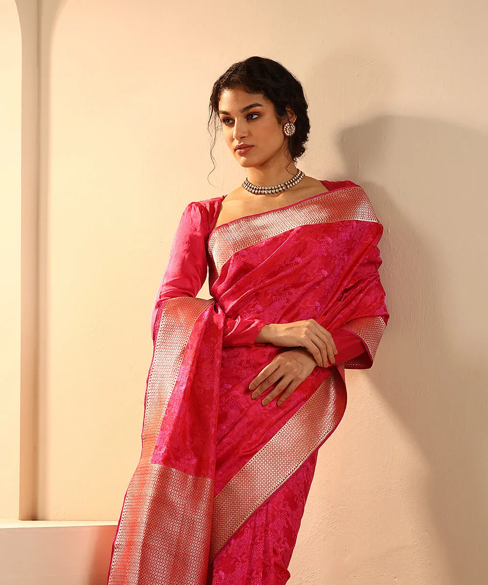 Hot Pink Handloom Ektara Mashroo Silk Tanchoi Banarasi Saree With Flamingo Motifs