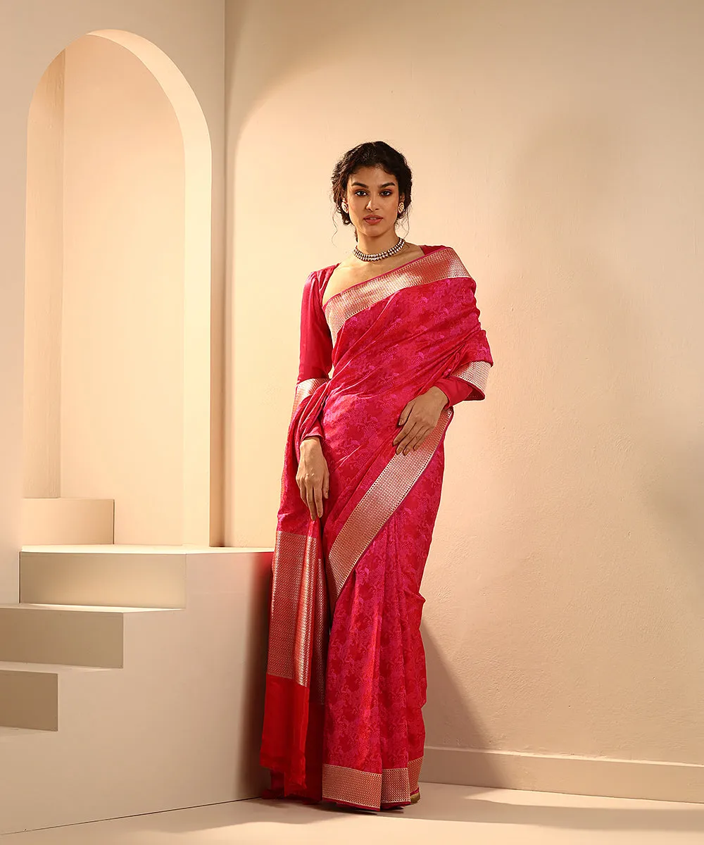 Hot Pink Handloom Ektara Mashroo Silk Tanchoi Banarasi Saree With Flamingo Motifs