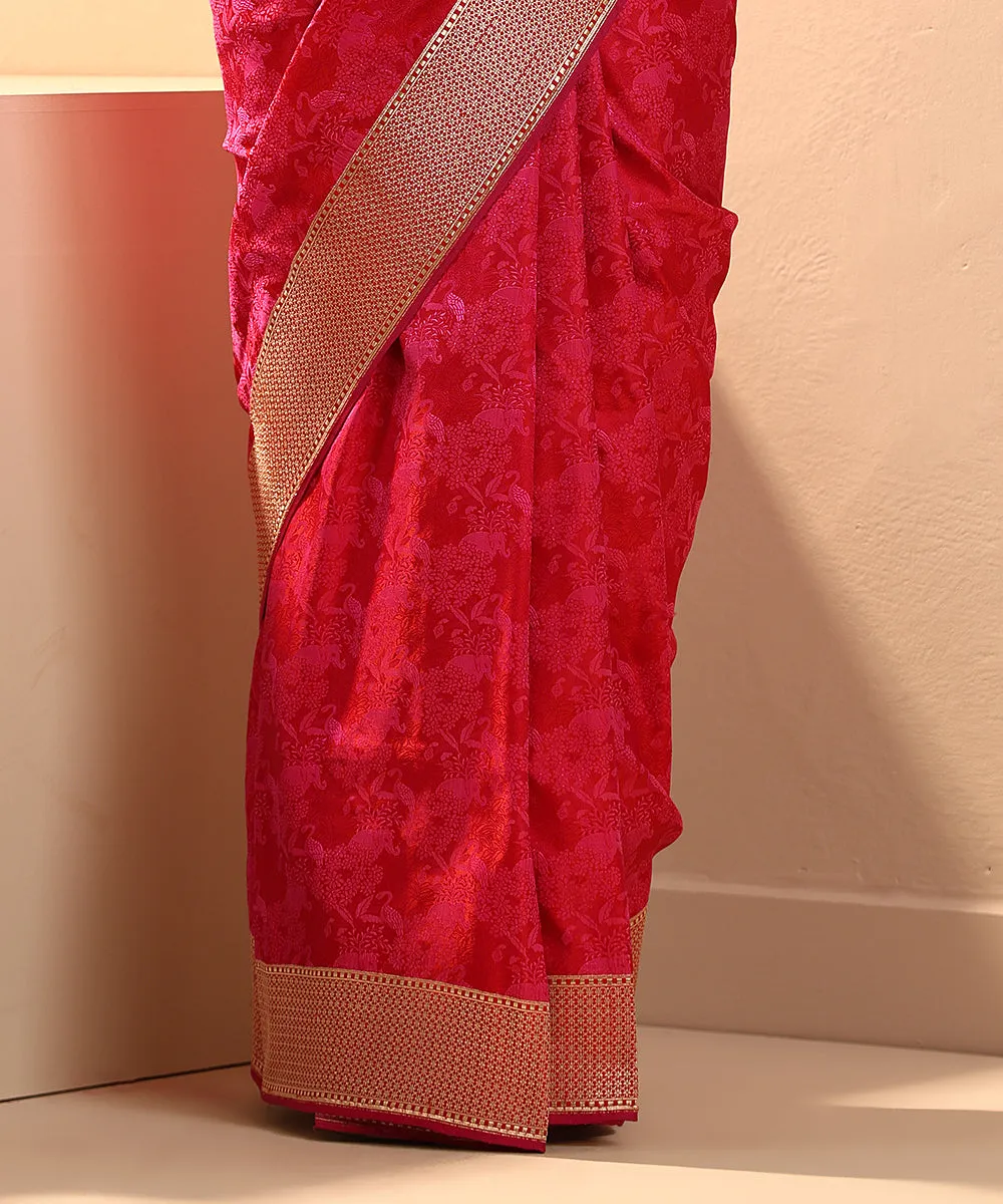 Hot Pink Handloom Ektara Mashroo Silk Tanchoi Banarasi Saree With Flamingo Motifs