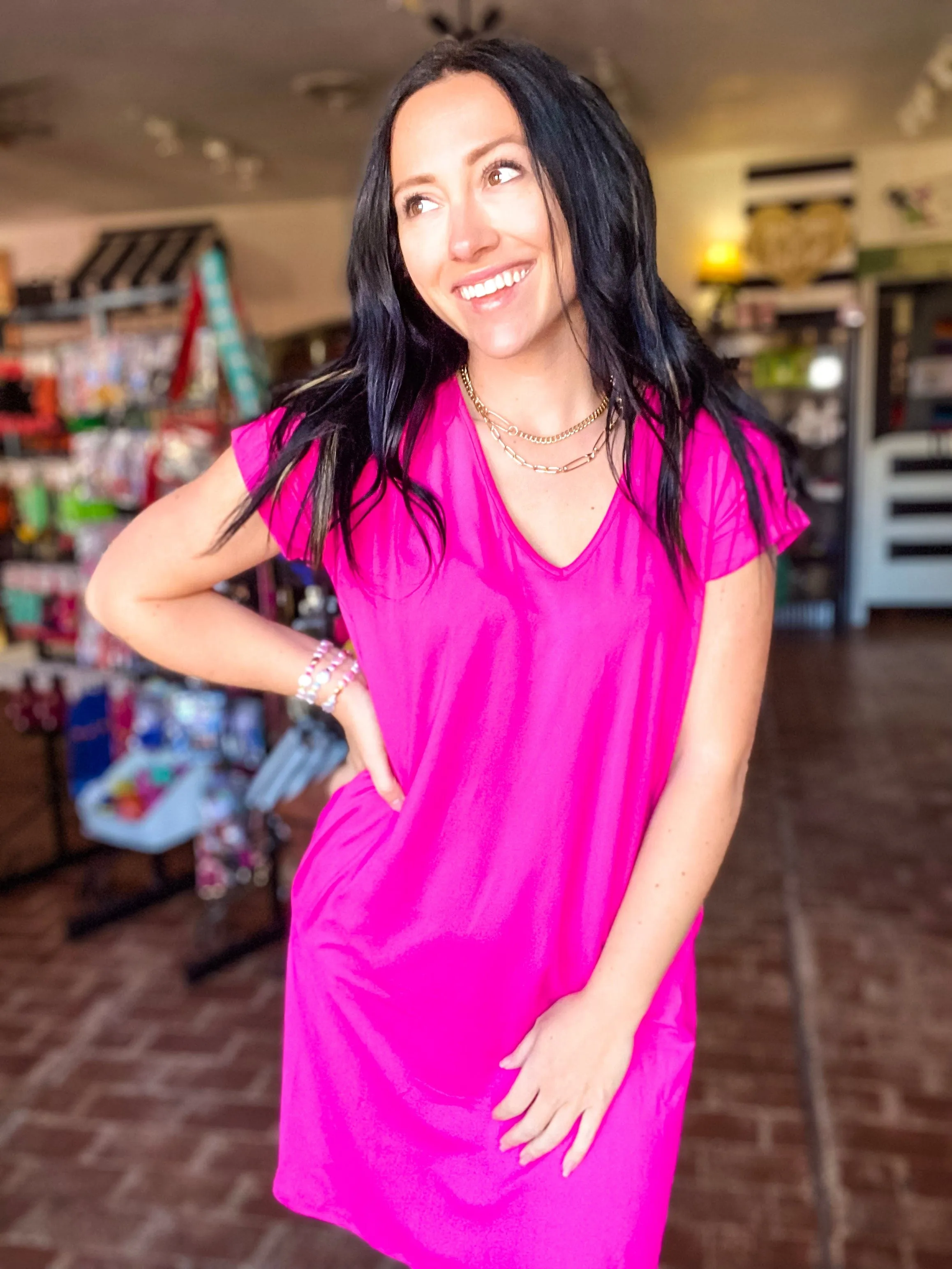 Hot Pink Vneck Tee Dress