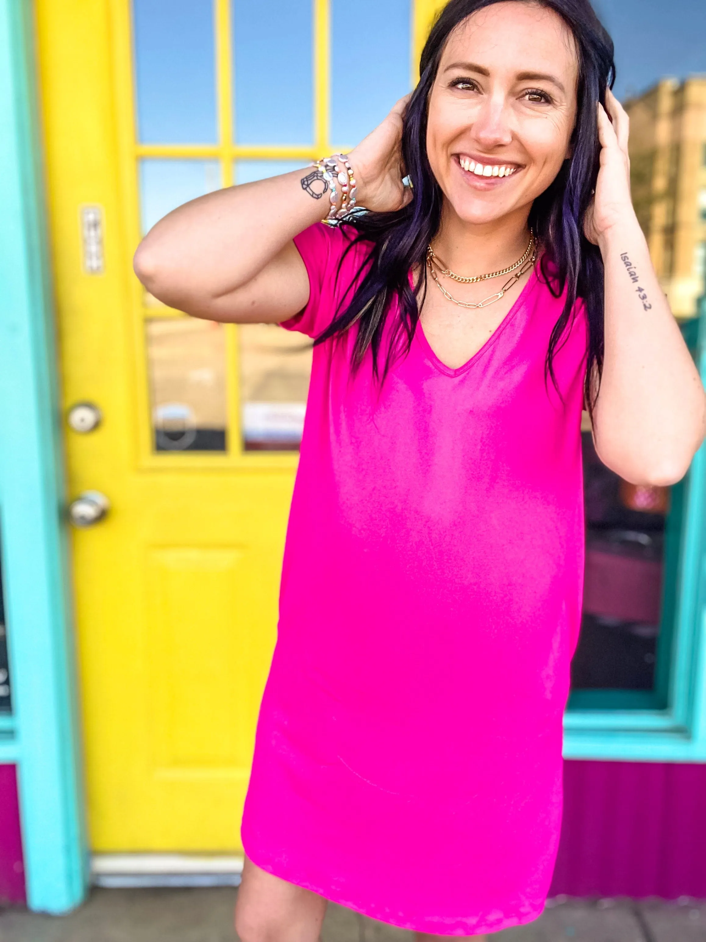 Hot Pink Vneck Tee Dress