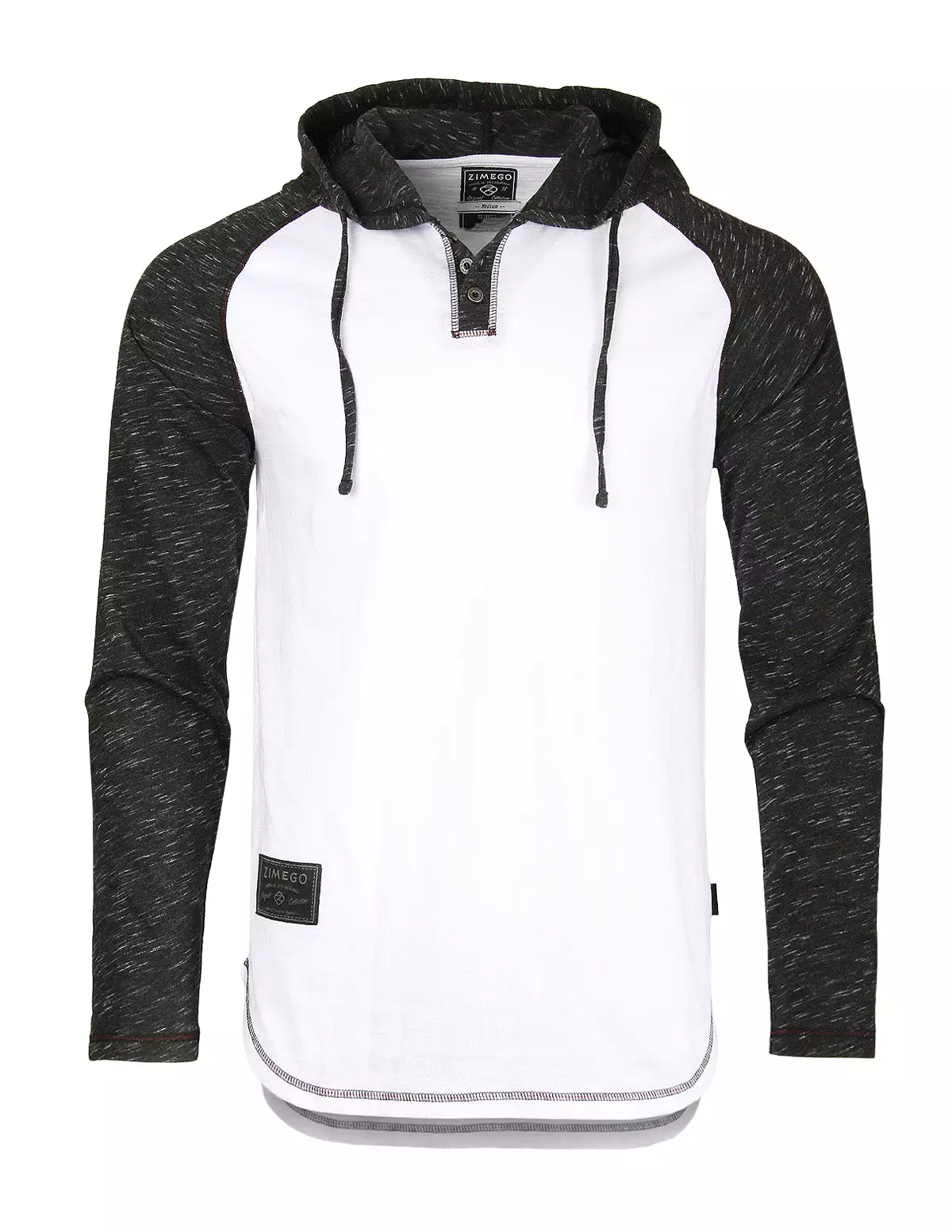 Long Sleeve Raglan Henley Round Bottom Hood T-Shirt White/Black