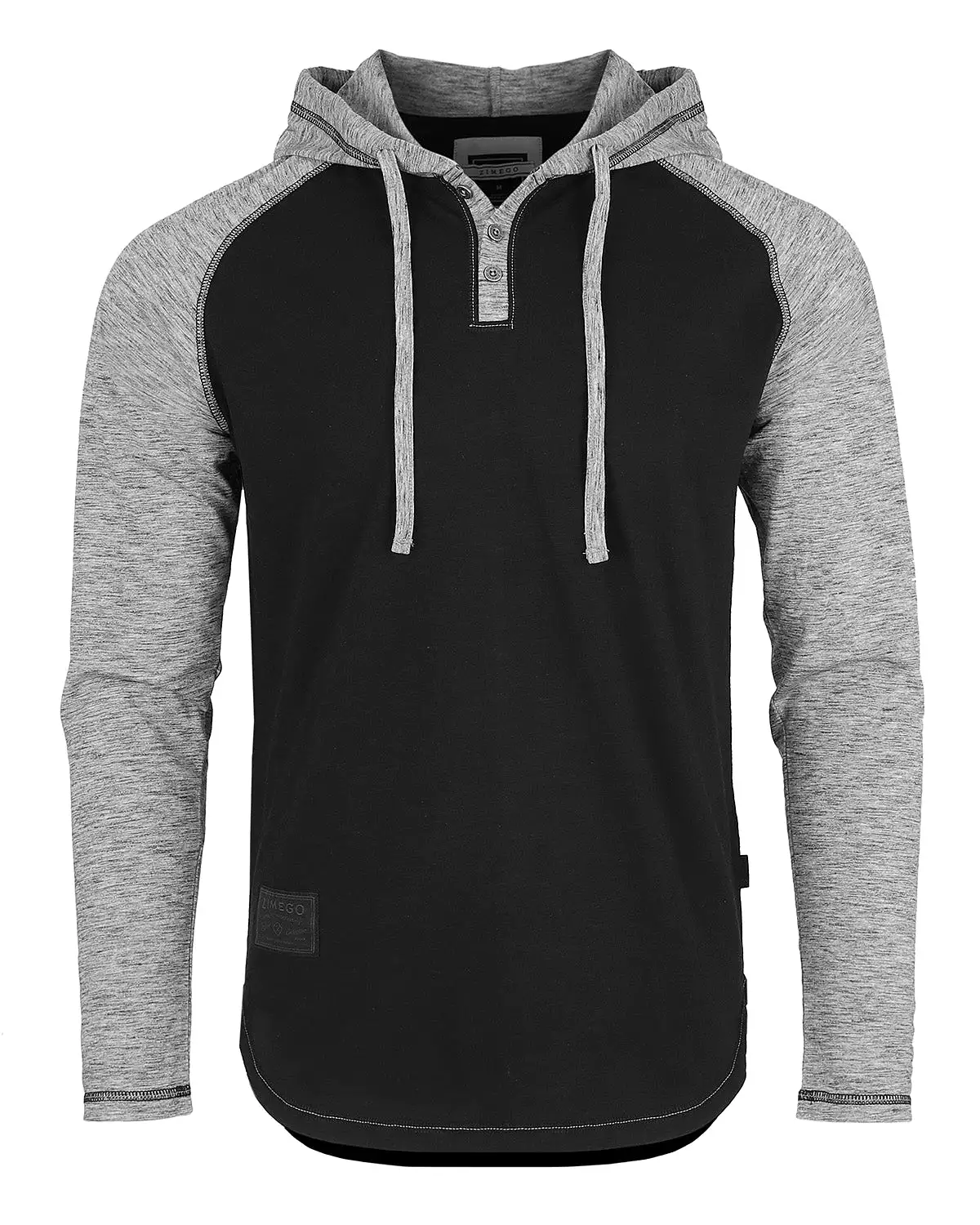 Long Sleeve Raglan Henley Round Bottom Hood T-Shirt White/Black