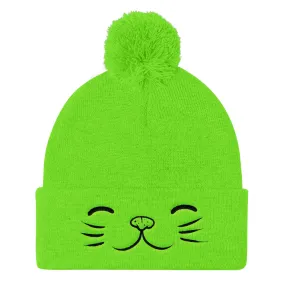 NEON GREEN KITTY FACE POM POM BEANIE