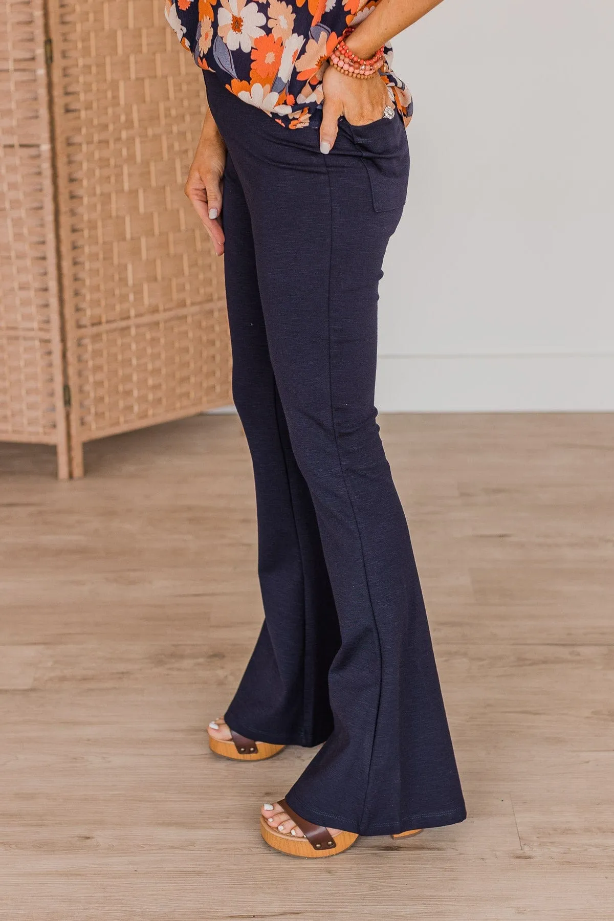 One Foot Forward Knit Flare Pants- Navy