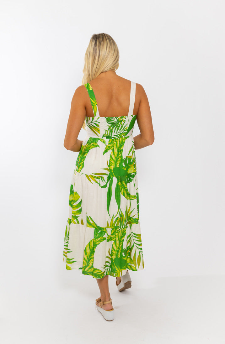 Palm Linen Tier Maxi Dress