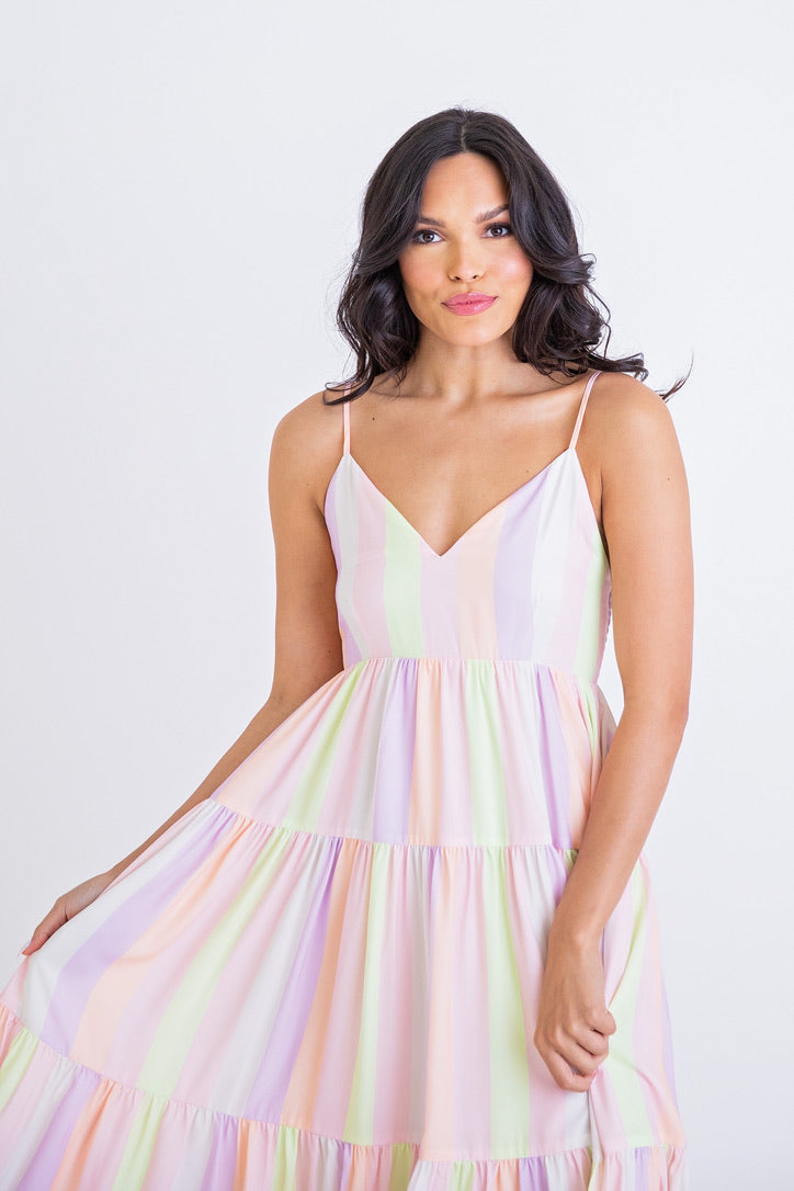 Pastel Stripe Tier Maxi Dress