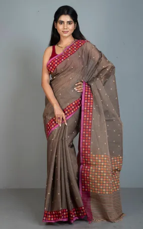 Premium Quality Double Warp Cotton Jamdani Saree in Dual Tone Warm Grey, Hot Pink and Multicolored