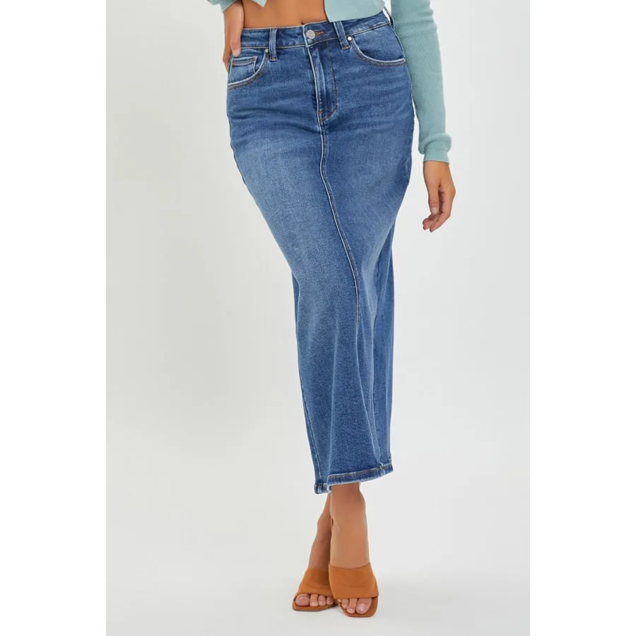 RISEN High Rise Back Slit Denim Skirt