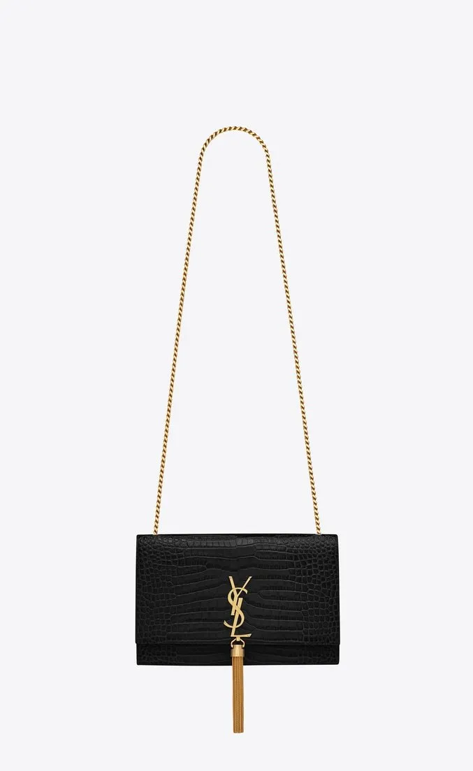 Saint Laurent Medium Kate Tassel Chain Bag Black Crocodile