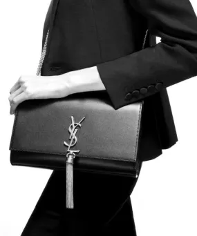 Saint Laurent Medium Kate Tassel Chain Bag Black Crocodile