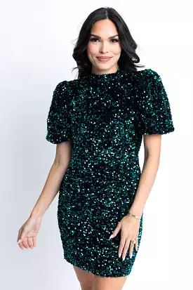 Sequin Puff Sleeve Open Back Dress