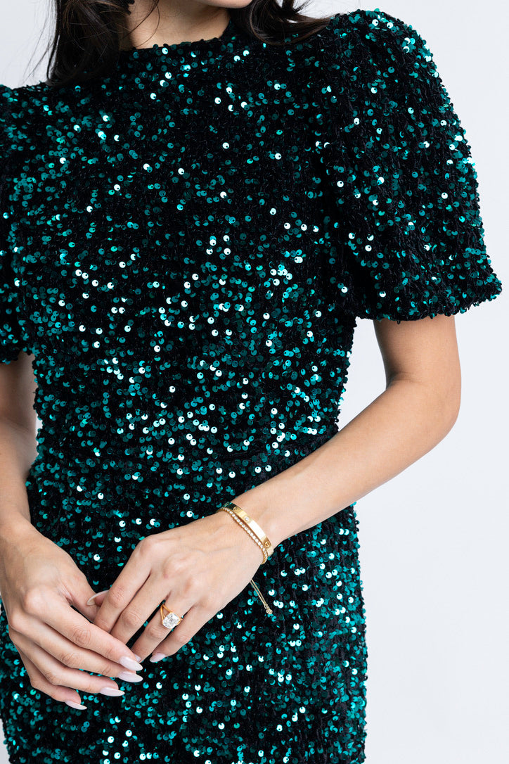 Sequin Puff Sleeve Open Back Dress