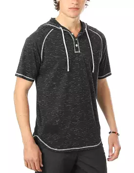 Short Sleeve Raglan Henley Hoodie Round Bottom Semi Longline T-Shirt