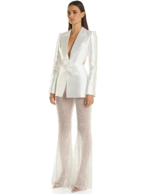 Summer Designer Women's Hollow Out Flowers Pearls Beaded Blazer Gauze Pants