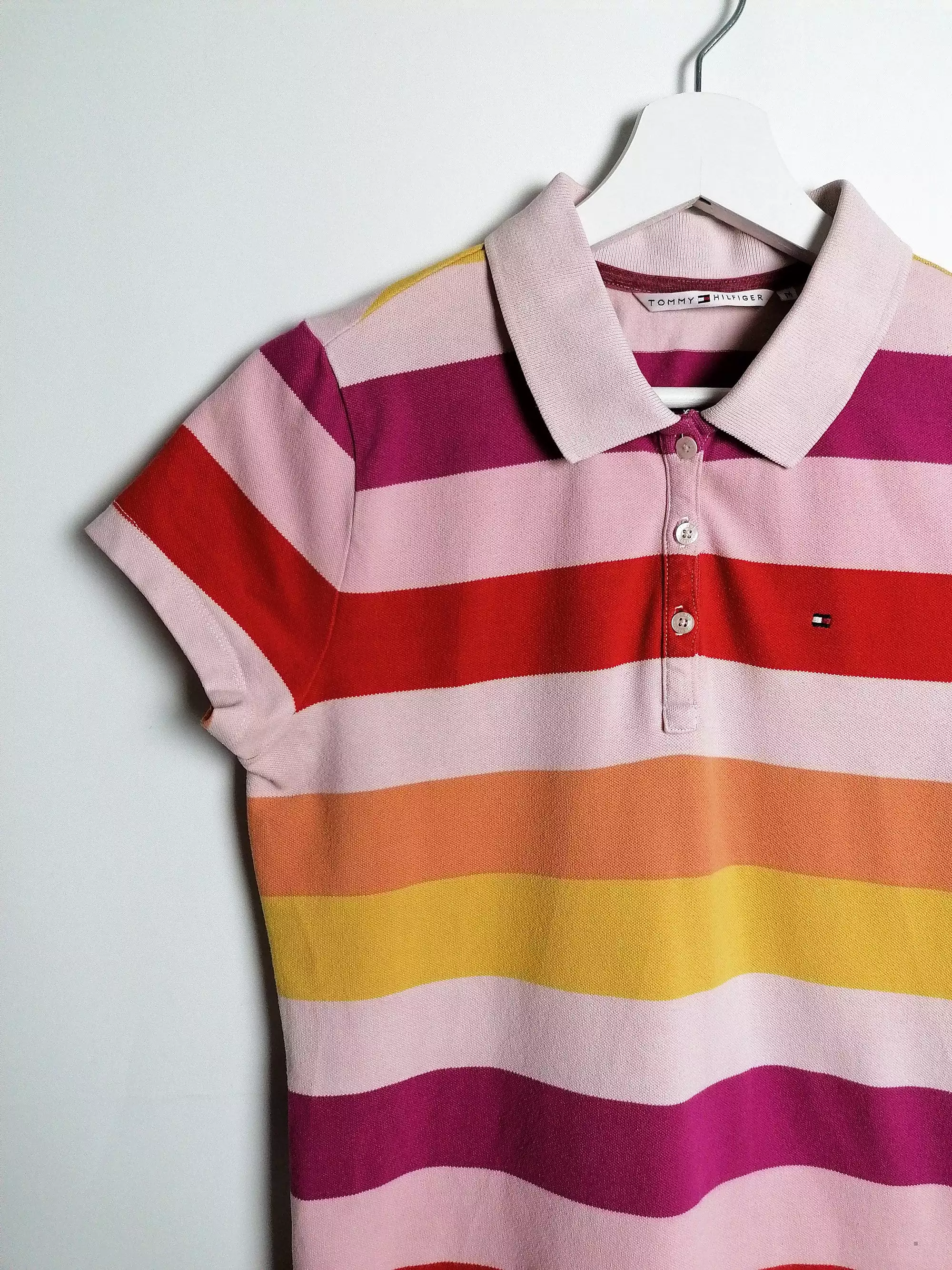 TOMMY Pink Orange Yellow Stripes Polo T-shirt - size S-M