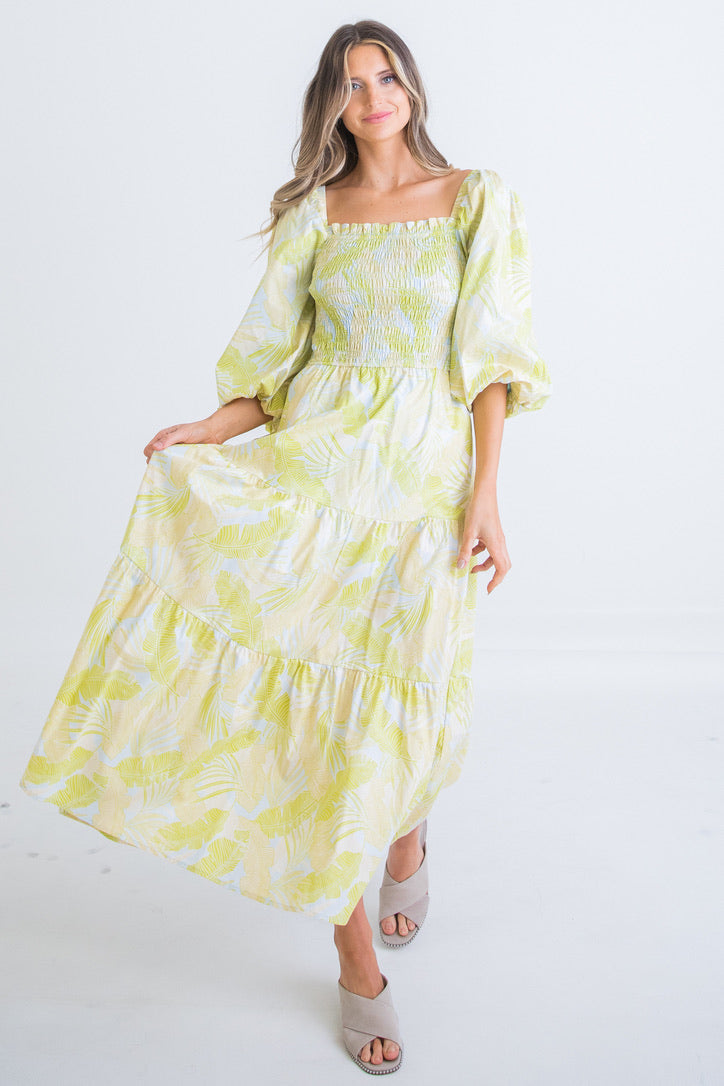 Tropical Leaf Smock Maxi Dress