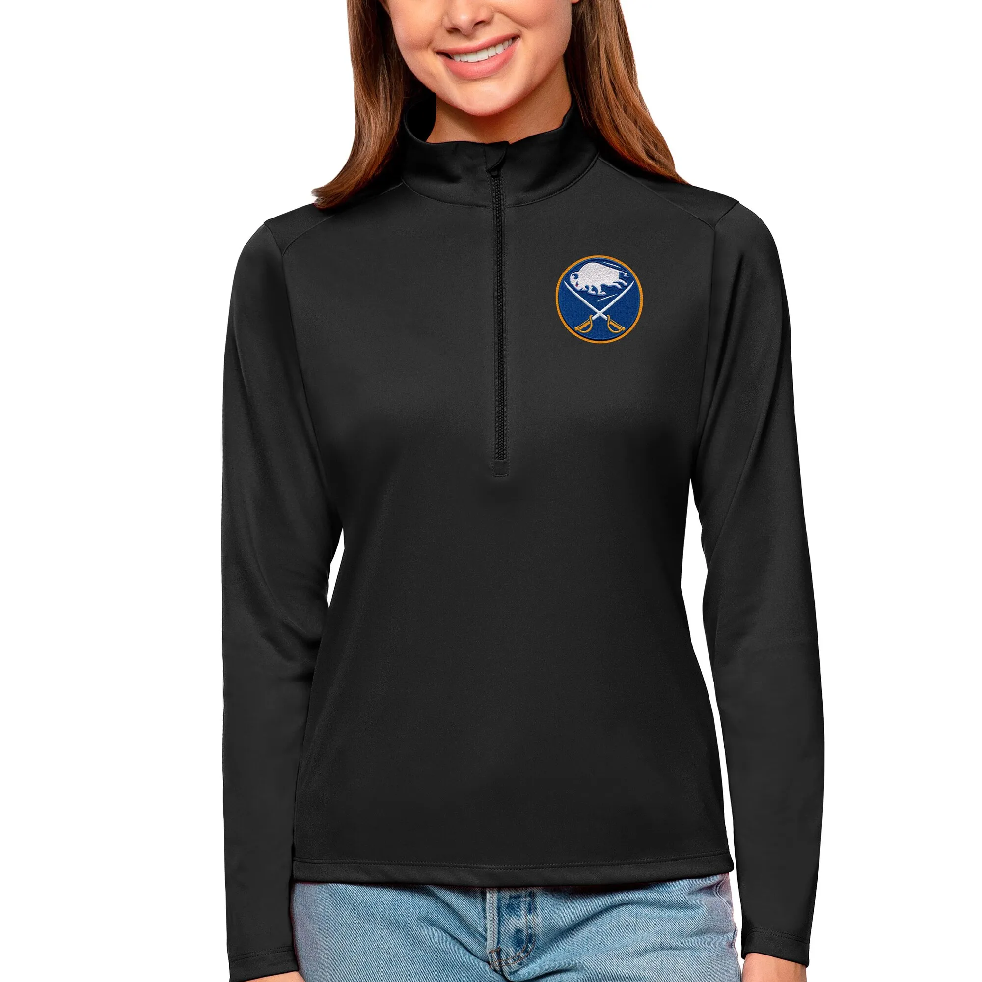 Women's Buffalo Sabres Antigua Black Tribute Quarter-Zip Pullover Top