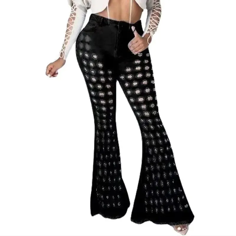 Women's High Street Style Hollow Out Zipper Mid Waist Flare Pants