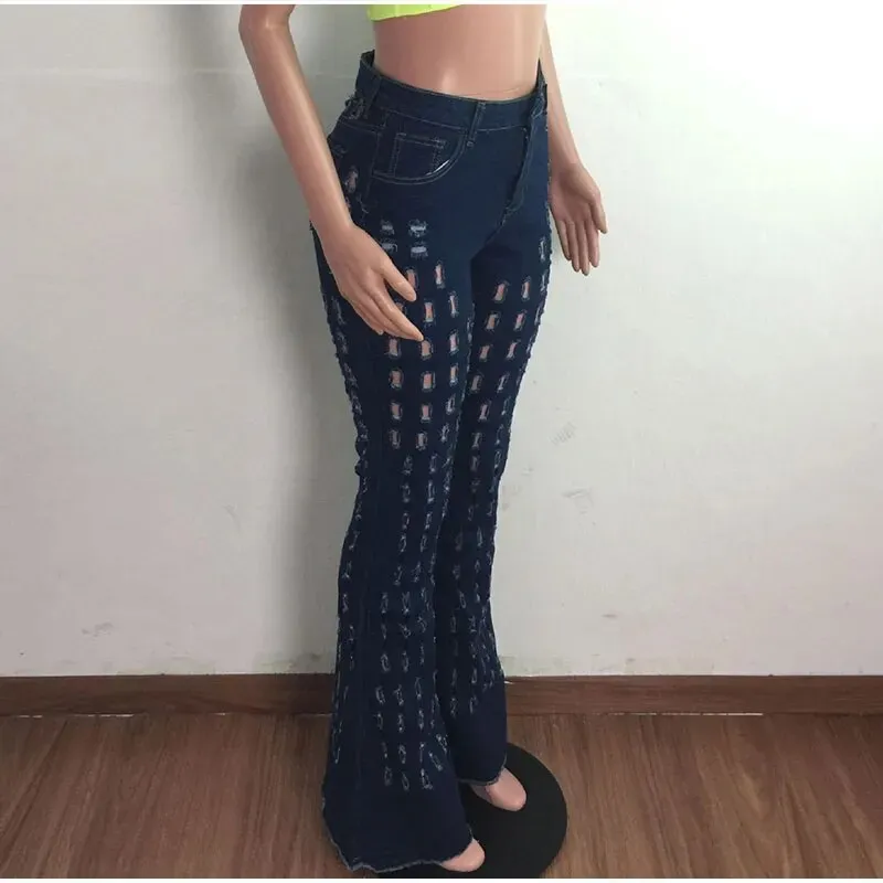 Women's High Street Style Hollow Out Zipper Mid Waist Flare Pants